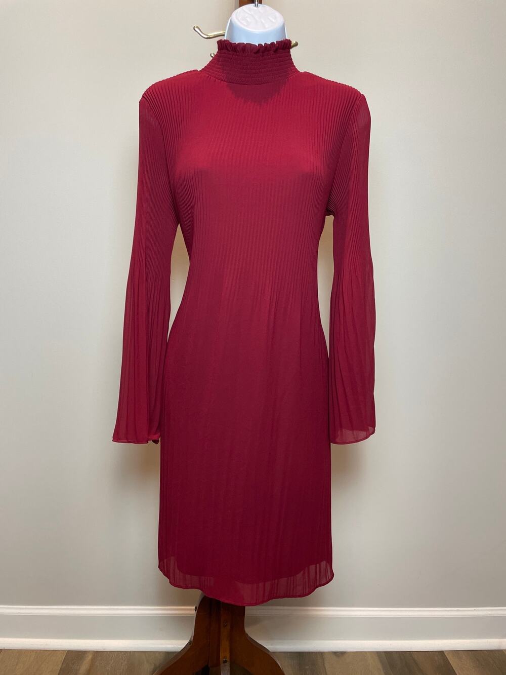 Grey & Gray Dress Size 10 Burgundy Mock Neck Smocked Keyhole Back Bell Sleeve